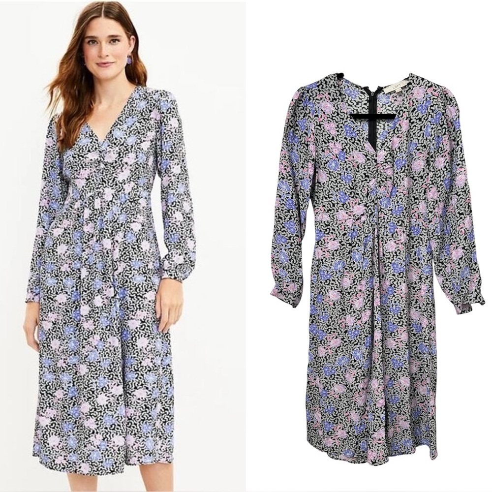 LOFT Floral Ruched Midi Dress | 0 Petite | Long Sleeve